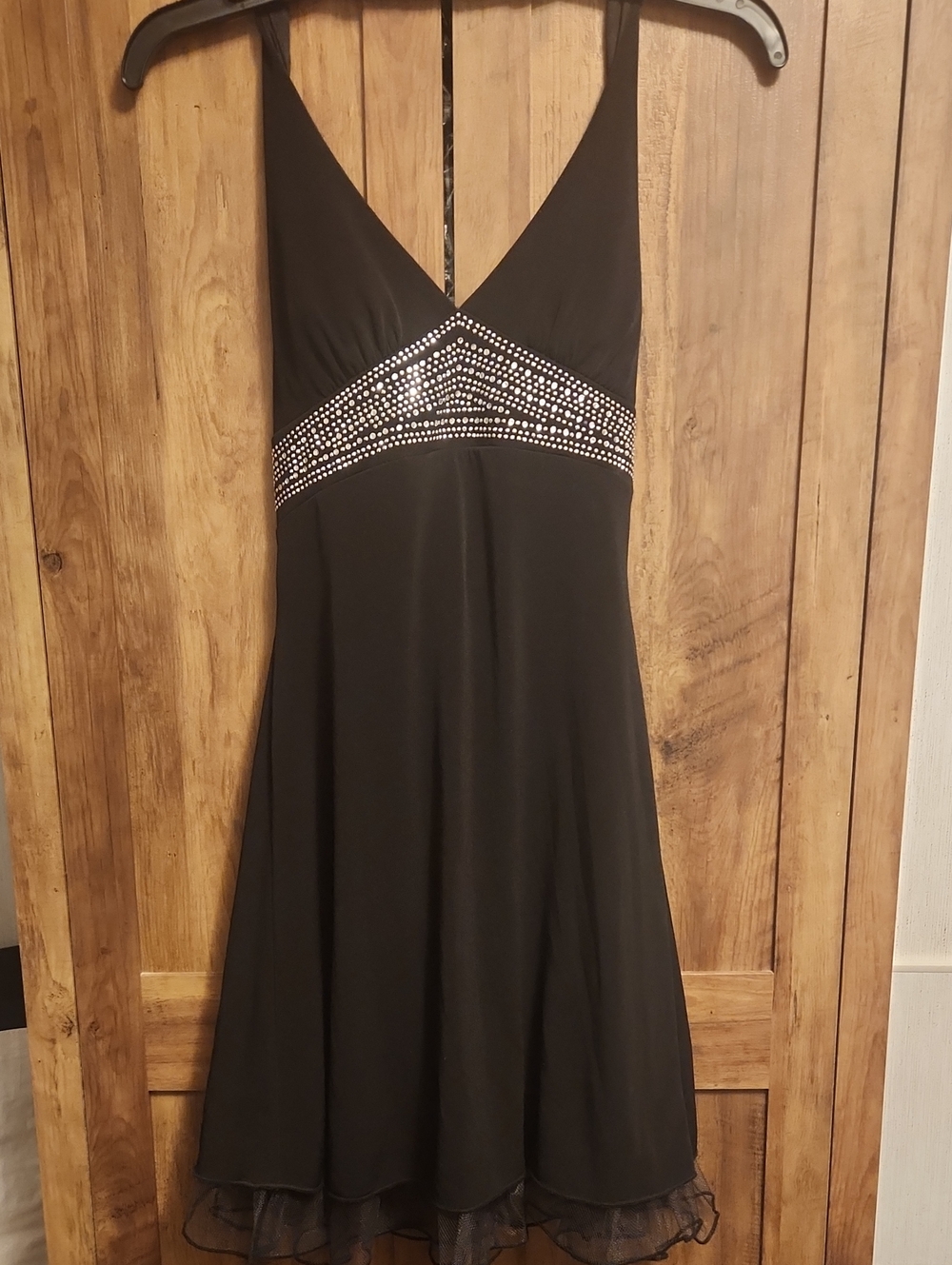 Ruby Rox Halter Cocktail with Silver Rhinestones & Ruffle Tulle Hem Midi Dress